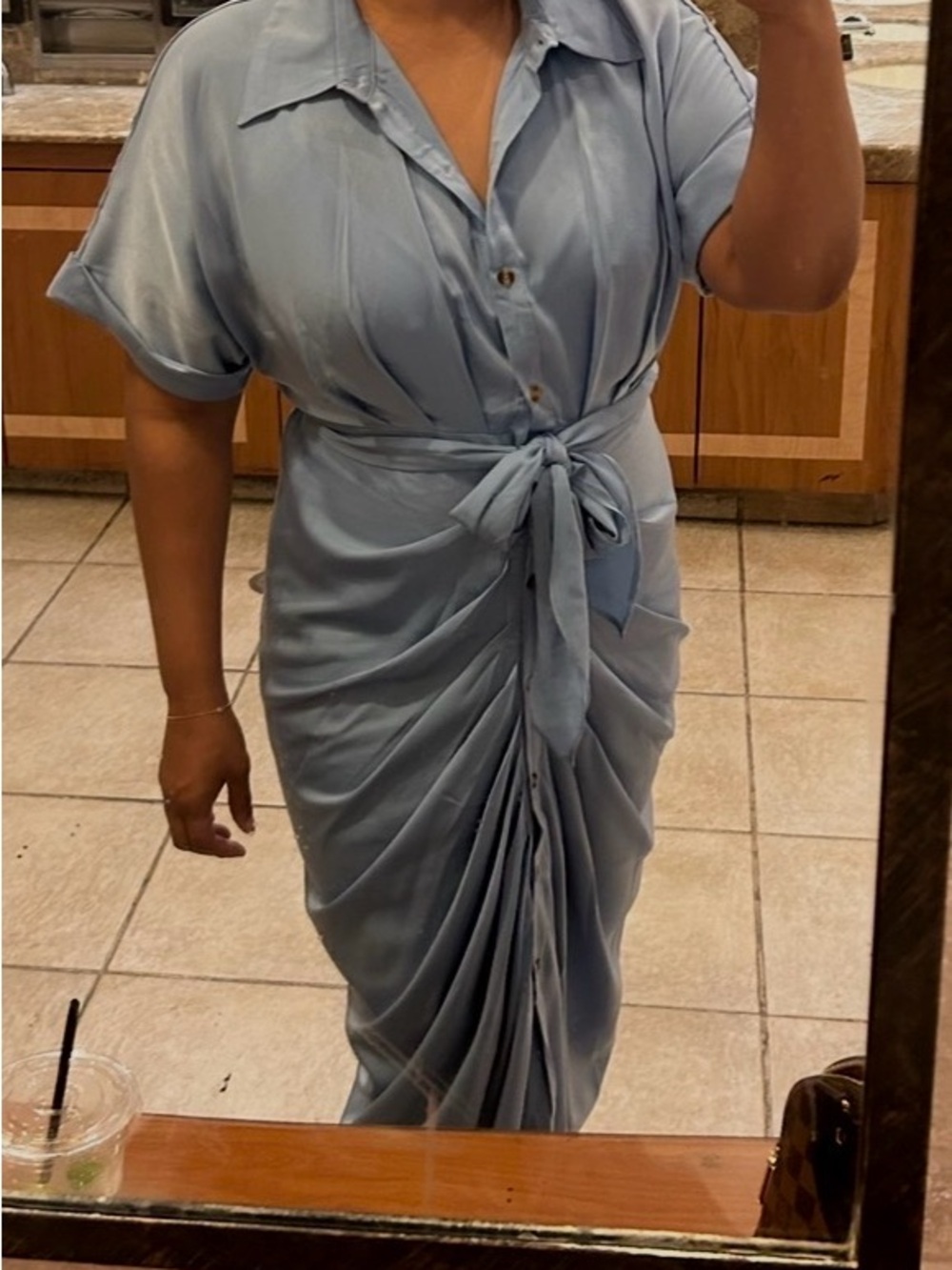 Amazon Light Blue Ruched Shirt Midi Dress with Tie Waist